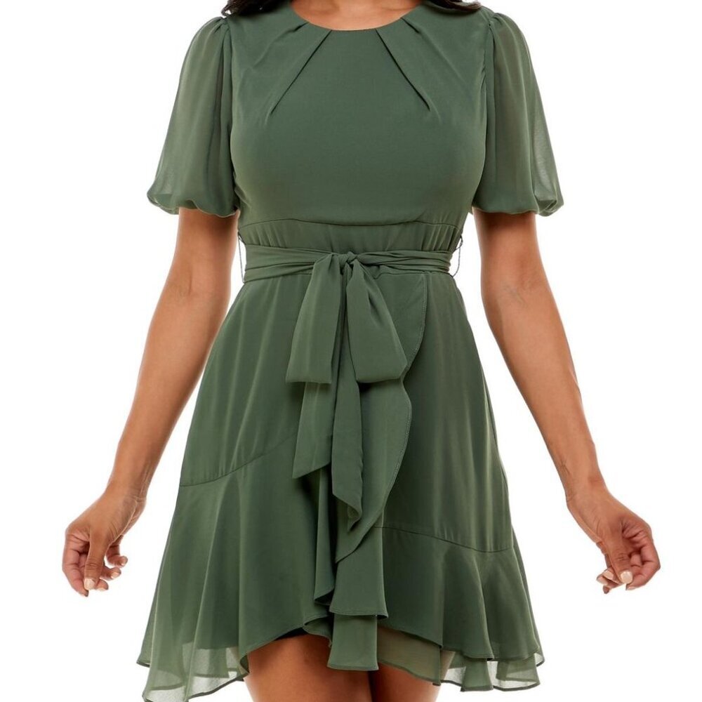 B Darlin Juniors Puff Sleeve A-line Olive Green Dress Size 13/14